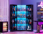 PAKASEPT Corner LED Glass Door Display Curio Cabinet/Display Case | 3 adjustable tiers,3-color LED light,pop-up tempered glass doors,living room collectible storage