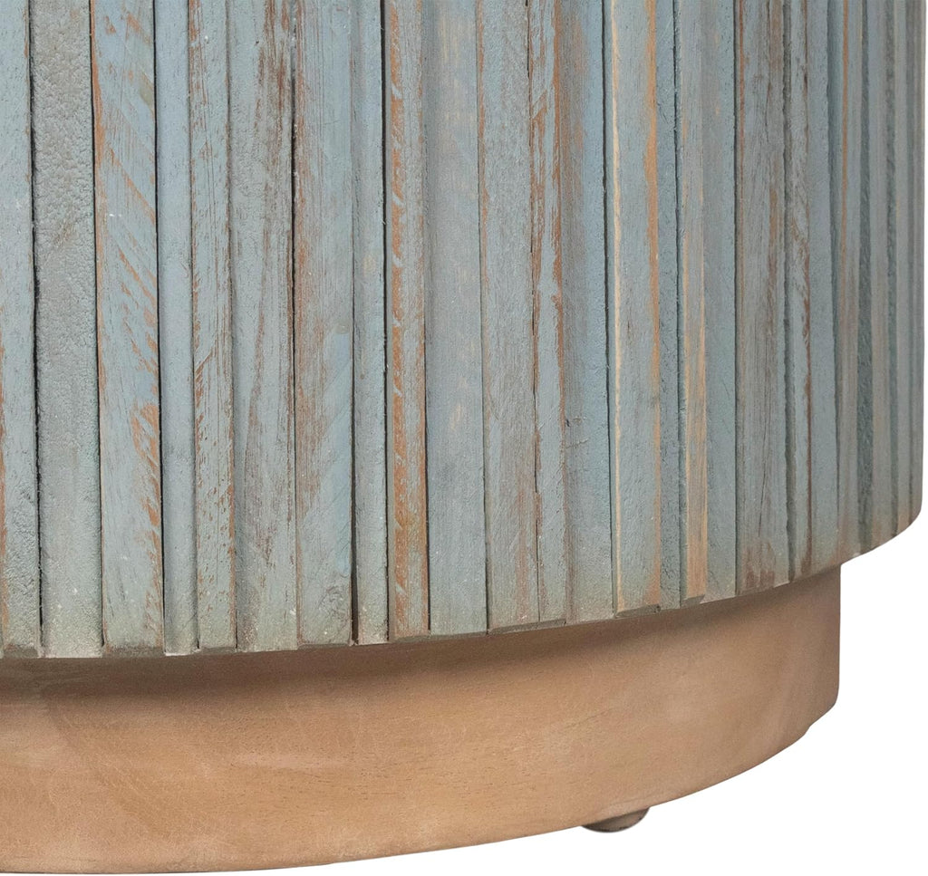 East at Main Monroe Blue Wash Teak End Table – Round Accent Table for Living Room, Bedroom, or Entryway – Solid Wood Handmade Nightstand for Coastal, Boho, and Modern Farmhouse Décor
