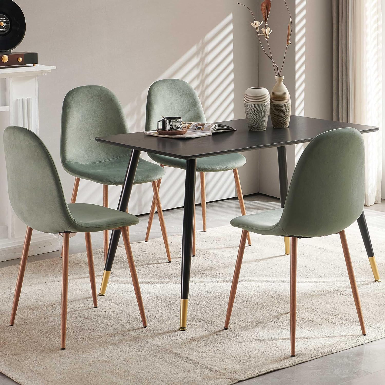 Howtek Dining Chairs Set of 4, Mid Century Modern Green Velvet Upholstered Fabric Kitchen Chairs with Backrest & Metal Legs for Living Room, Dining Room, Vanity - Green