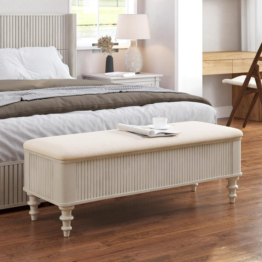 Storage Ottoman Bench 50.8" Rubberwood Linen Beige | Linen Seat, Storage Bench for Bedroom, Entryway Shoe Organizer for Bedroom, Living Room, Entryway, Closet, Beige