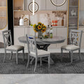 Merax Extendable Round Dining Table Set for 4, Farmhouse Kitchen Table Set with 4 Upholstered Chairs for Kitchen, Dining Room, Living Room, Grey