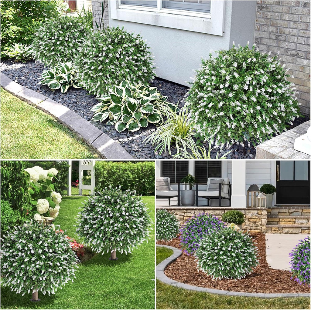 HyeFlora 26'' Artificial Topiary Boxwood Ball Trees with Lavender 2 Pack Fake Plants for Outdoor Indoor Artificial Shrubs with Ground Spike UV Resistant Fake Bushes for Front Porch Garden (White)