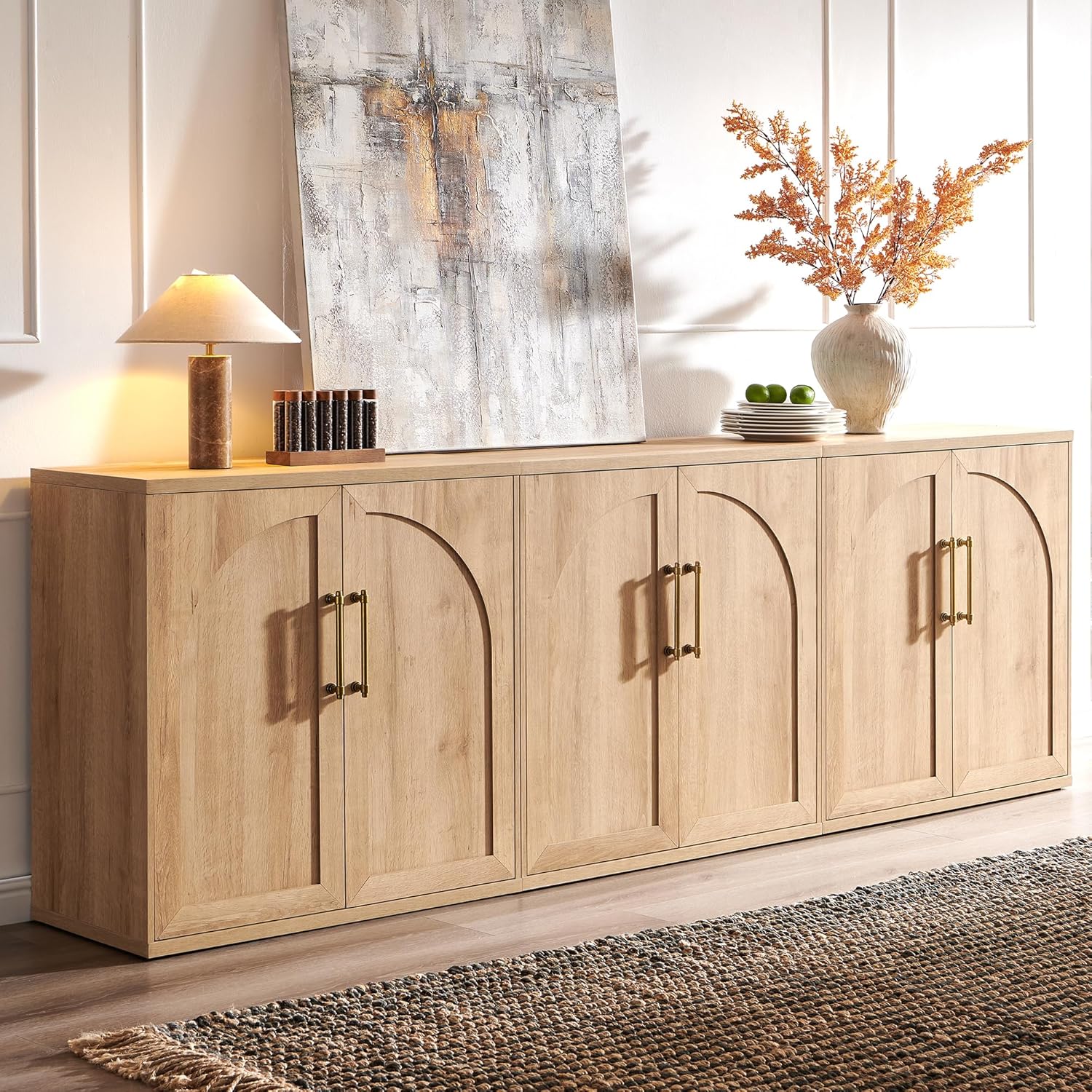 ACCOHOHO Arched Door Sideboard Buffet Cabinet Set of 3, Accent Cabinet with Adjustable Shelf, Wood Modular Credenza Storage Cabinet for Dining Room, Living Room, Entryway, Natural Oak