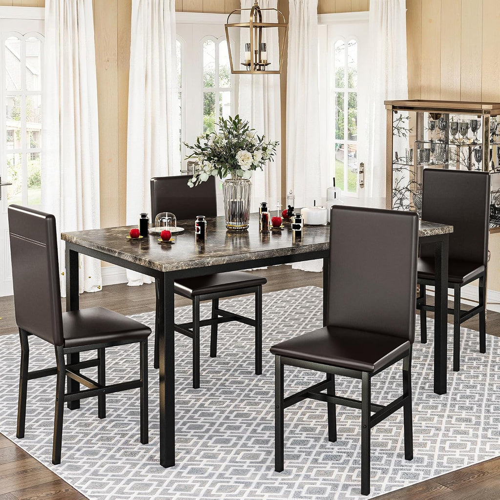 Lamerge Dining Table Set for 4, Faux Marble Table and 4 PU Leather Chairs, Kitchen Table and Chairs for 4, Modern Dining Room Table Sets for Small Spaces, Living Room, Breakfast Nook, (Coffee Color)