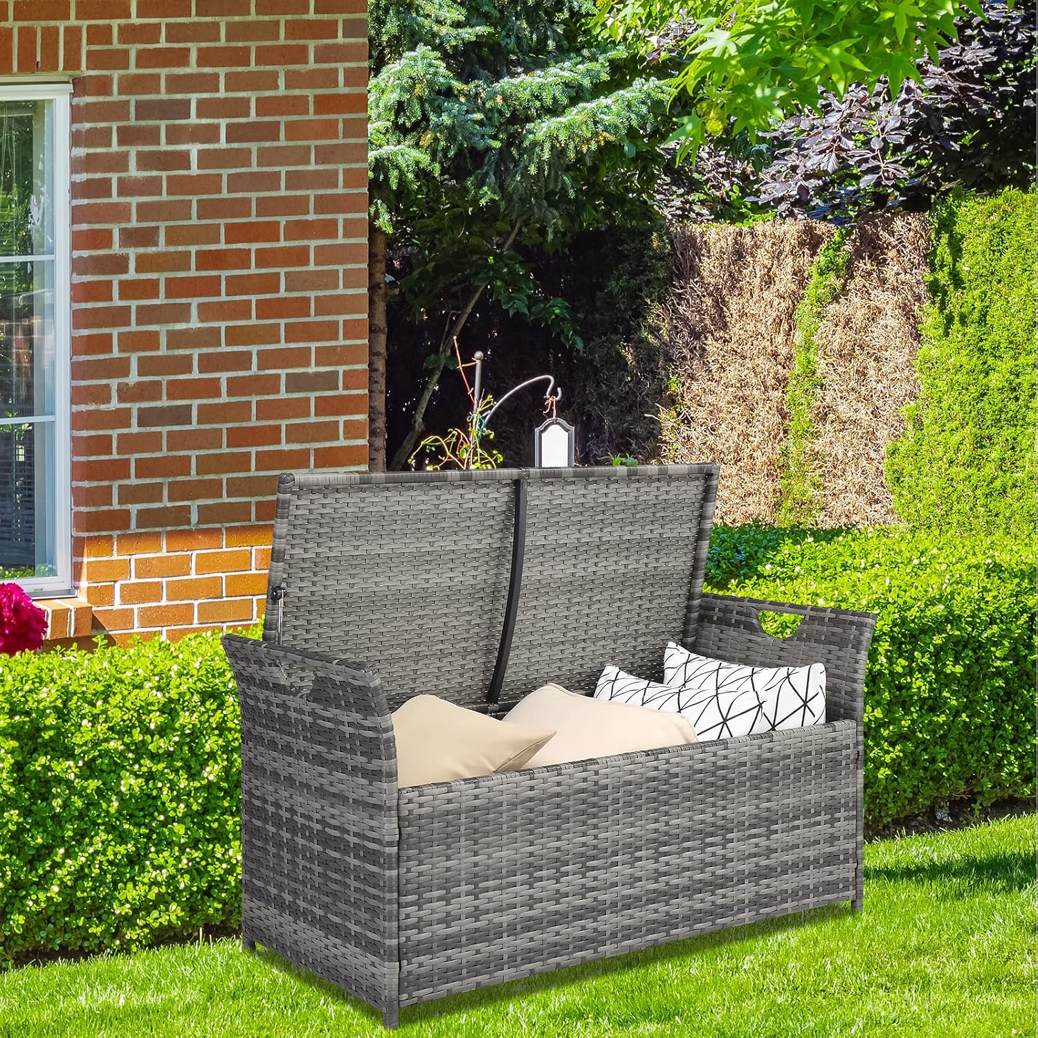 Wicker Outdoor Storage Bench,33 Gallon Rattan Deck Box with Side Handles & Soft Cushion,Patio Bench with Storage,Outdoor Furniture for Pillows,Garden Tools,Pool Accessories,Sports Equipment (Gray)