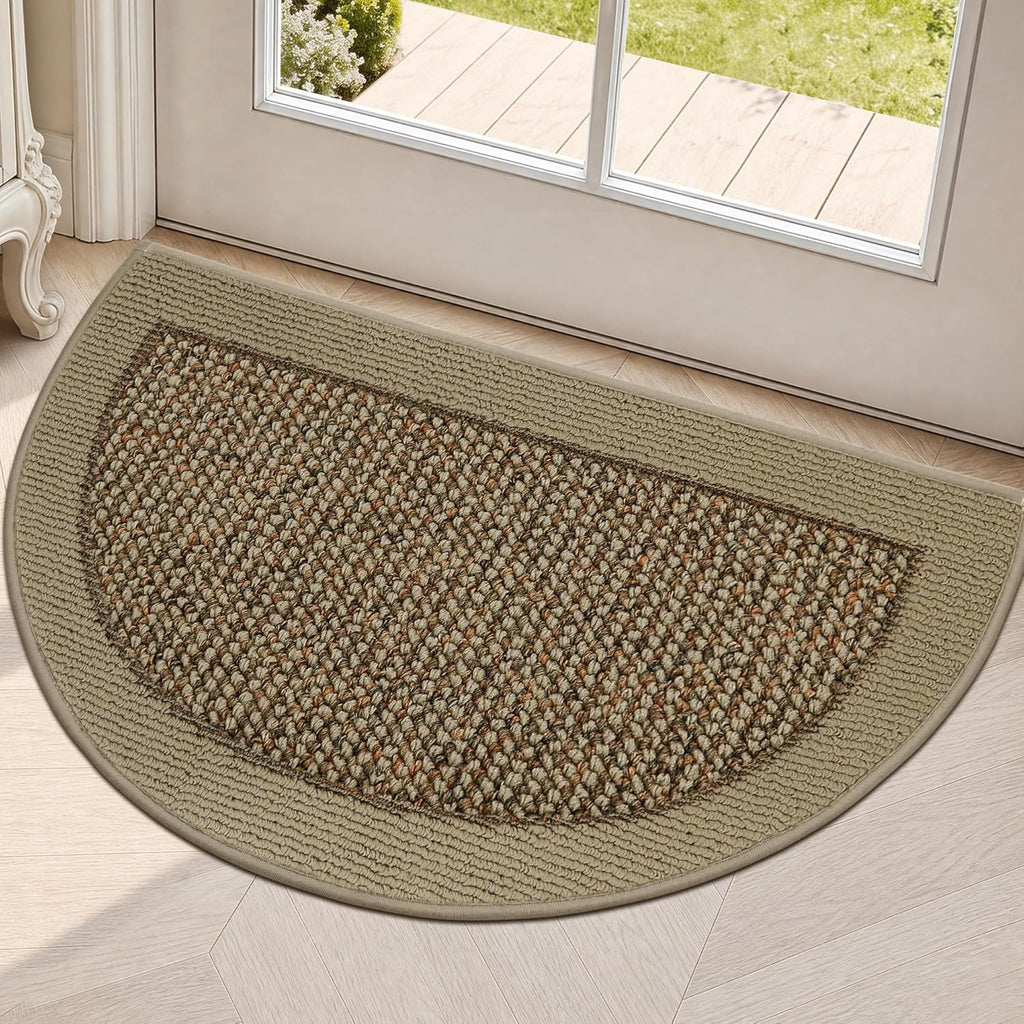 Half Circle Door Mat Indoor Entrance Welcome, Non-Slip Washable Doormat, Trap Dirt and Moisture, Low Profile Mats for Indoor Entry, 17"x30", Beige