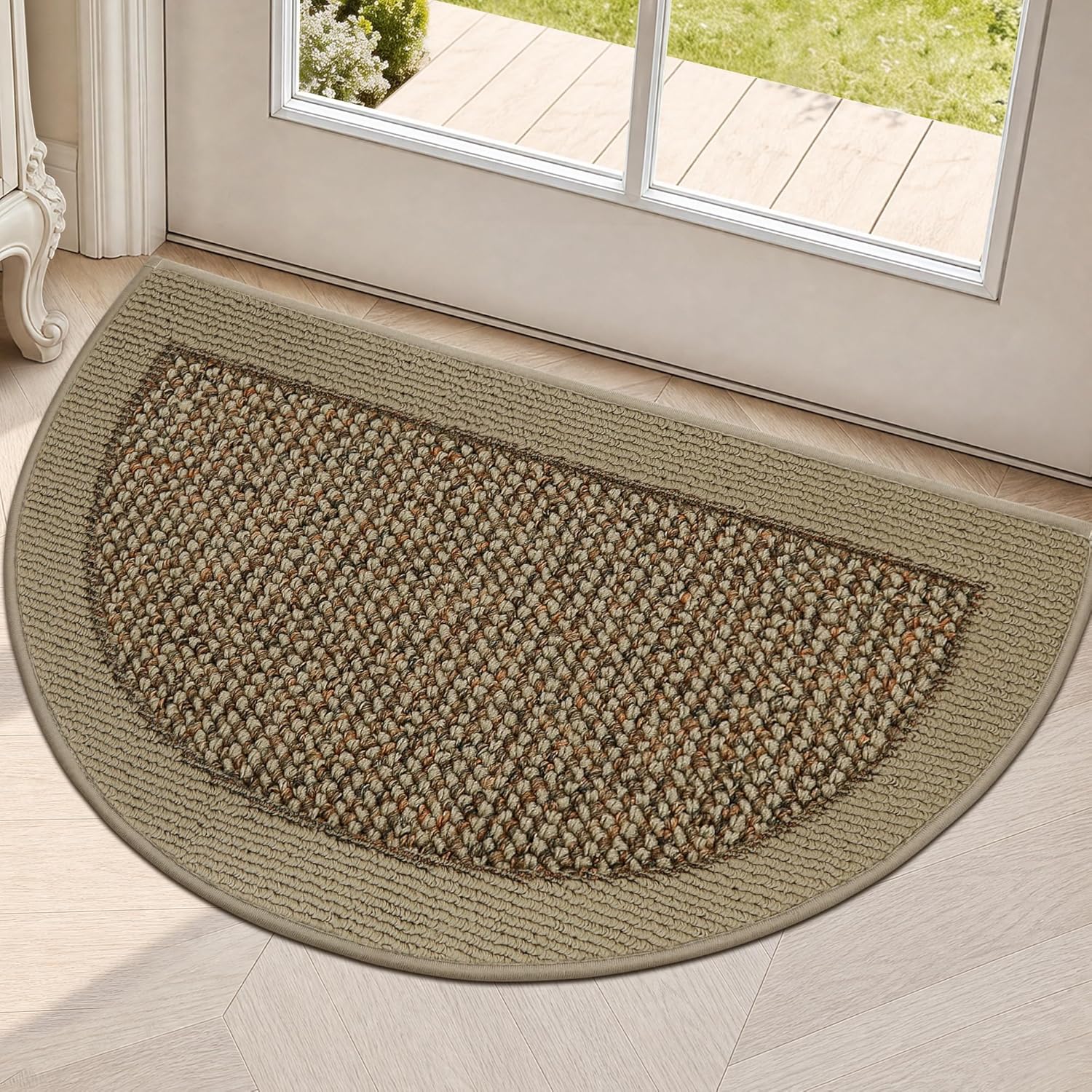 Half Circle Door Mat Indoor Entrance Welcome, Non-Slip Washable Doormat, Trap Dirt and Moisture, Low Profile Mats for Indoor Entry, 17"x30", Beige