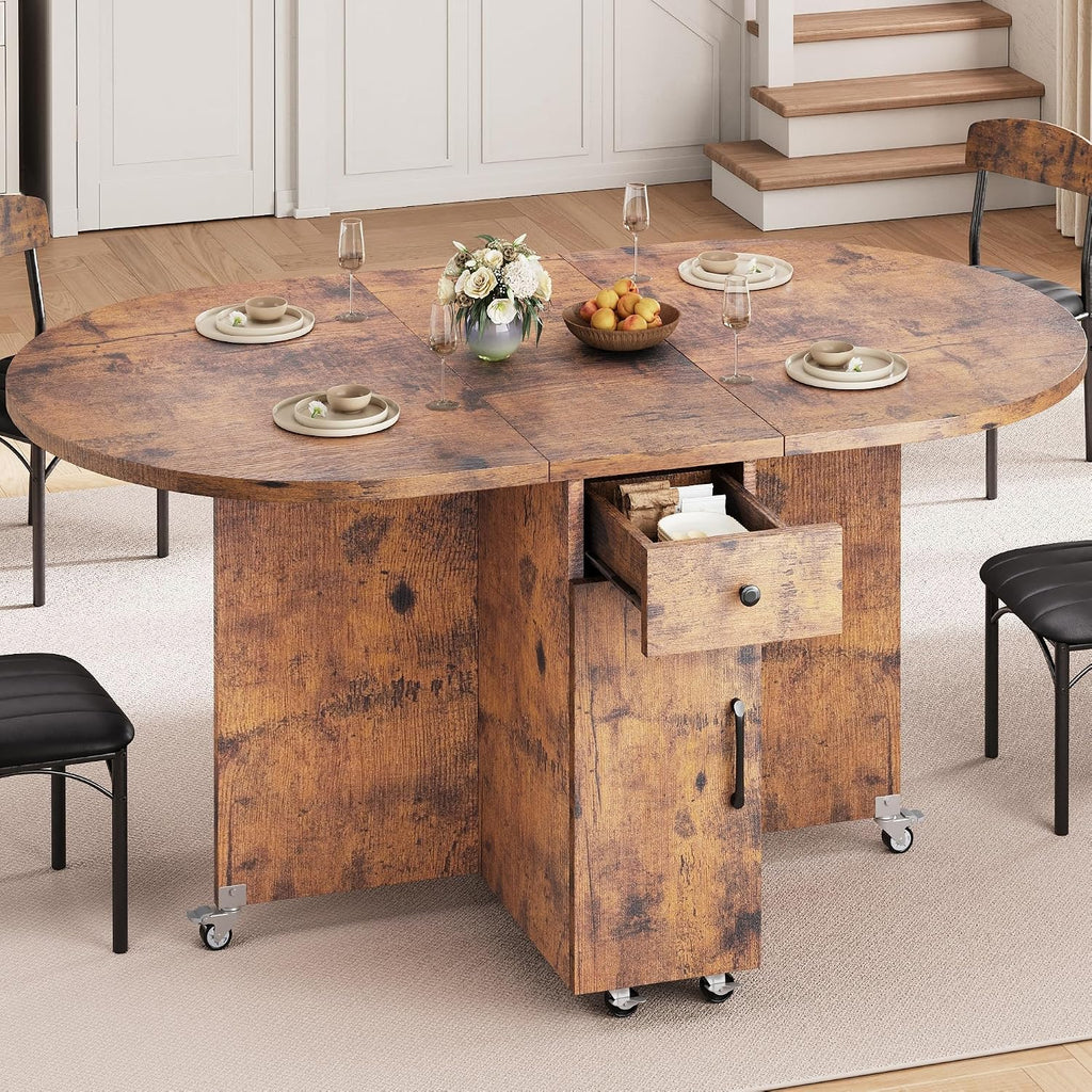 Jocoevol Round Folding Dining Table for 6, Space Saving Drop Leaf Kitchen Table with Storage Drawer, 6 Wheels Oval Gateleg Foldable Dining Table for Small Spaces (Vintage, 51" x 31.5" x 30")