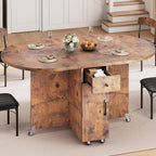 Jocoevol Round Folding Dining Table for 6, Space Saving Drop Leaf Kitchen Table with Storage Drawer, 6 Wheels Oval Gateleg Foldable Dining Table for Small Spaces (Vintage, 51" x 31.5" x 30")