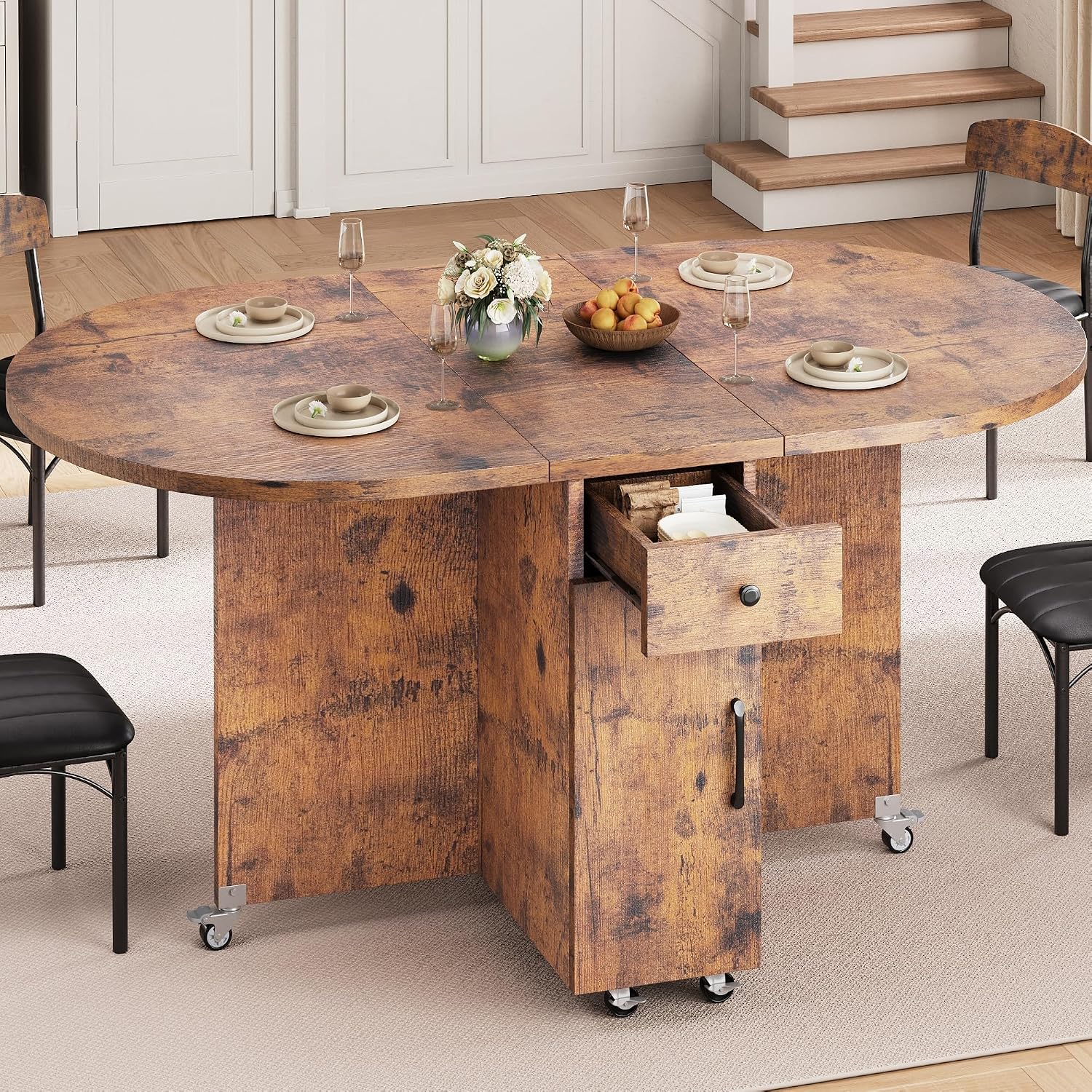 Jocoevol Round Folding Dining Table for 6, Space Saving Drop Leaf Kitchen Table with Storage Drawer, 6 Wheels Oval Gateleg Foldable Dining Table for Small Spaces (Vintage, 51" x 31.5" x 30")