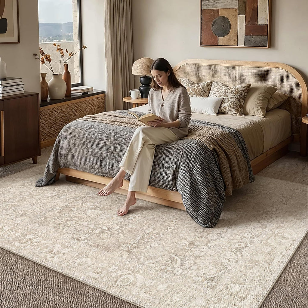 8x10 Area Rug for Living Room, Ultra Soft Washable Rugs for Bedroom, Non-Slip Indoor Large Carpet, Low-Pile Floral Accent Rug for Dining Room, Office & Home Decor Beige