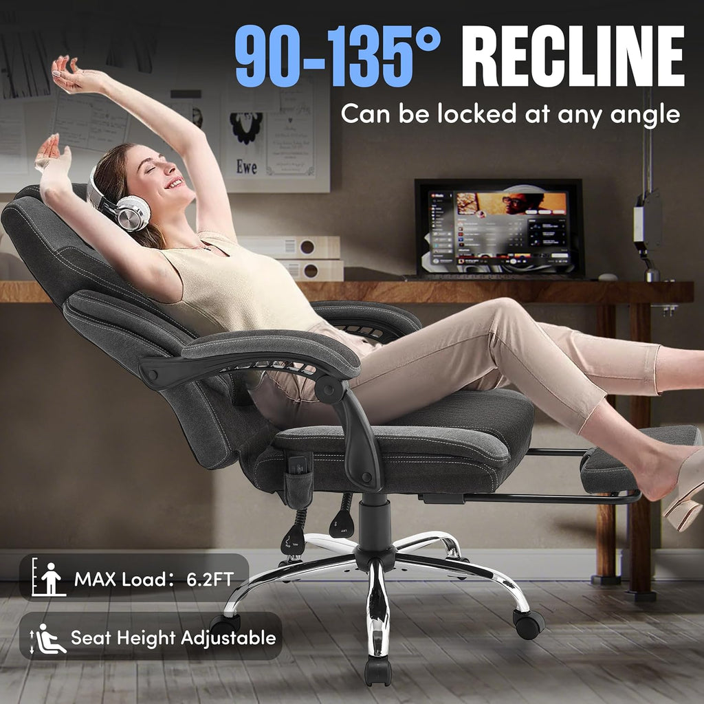 Office Chair with Footrest,6-Point Vibration Massage & Heat Executive Office Chairs,Big and Tall Fabric Office Chair 500LBS,Ergonomic Desk Chair for Heavy People,Recliner with Padded Armrest,Blackgrey