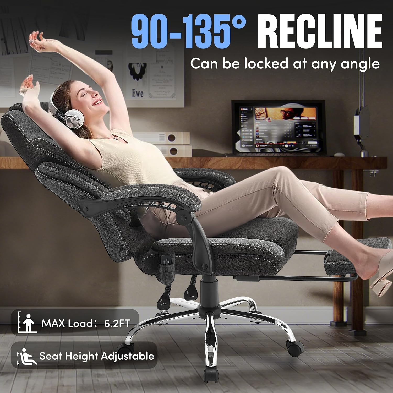 Office Chair with Footrest,6-Point Vibration Massage & Heat Executive Office Chairs,Big and Tall Fabric Office Chair 500LBS,Ergonomic Desk Chair for Heavy People,Recliner with Padded Armrest,Blackgrey