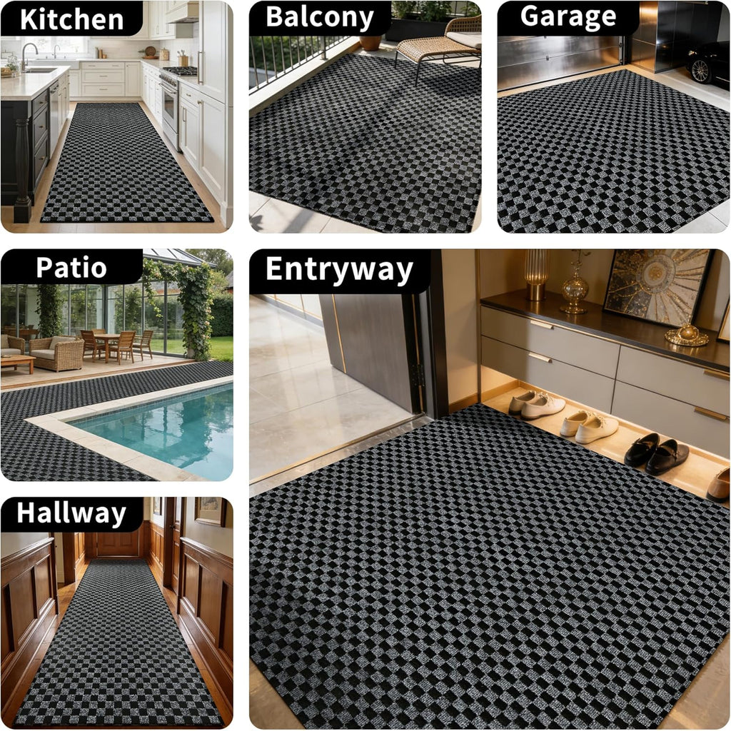 2ft x 6ft Runner Rug, Non Slip Indoor Outdoor Rugs, Waterproof Low Profile Carpet Runners for Hallway Entryway Kitchen Garage Patio Balcony, Custom, Grey Checkered