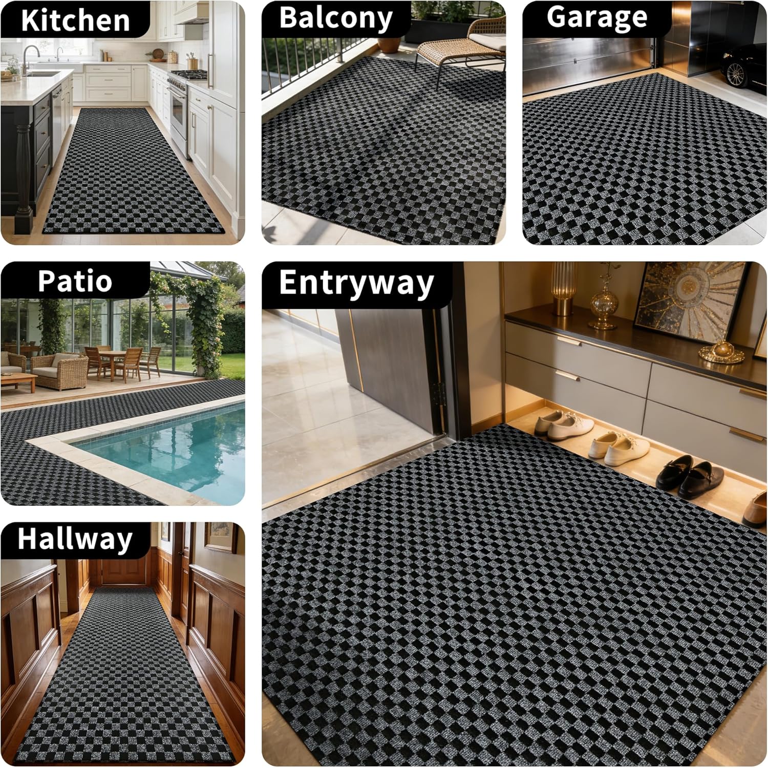 2ft x 6ft Runner Rug, Non Slip Indoor Outdoor Rugs, Waterproof Low Profile Carpet Runners for Hallway Entryway Kitchen Garage Patio Balcony, Custom, Grey Checkered