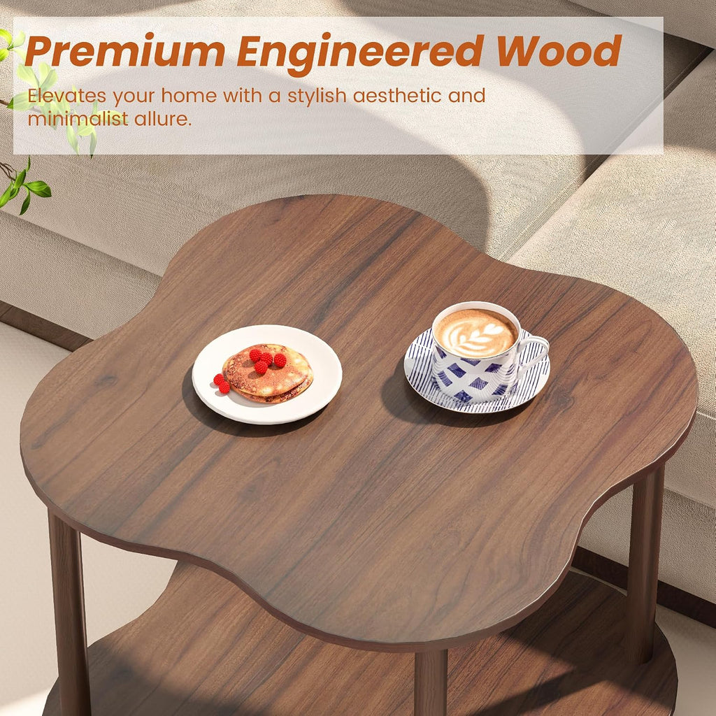 Flower Shape End Table - 2-Tier Walnut Wood Color Coffee Tables, Modern Wooden Sofa Side Table Open Storage, Easy Assembly Tea Table for Living Room Home Cafe, 23.6’’W x23.6’’Dx20.9’’H