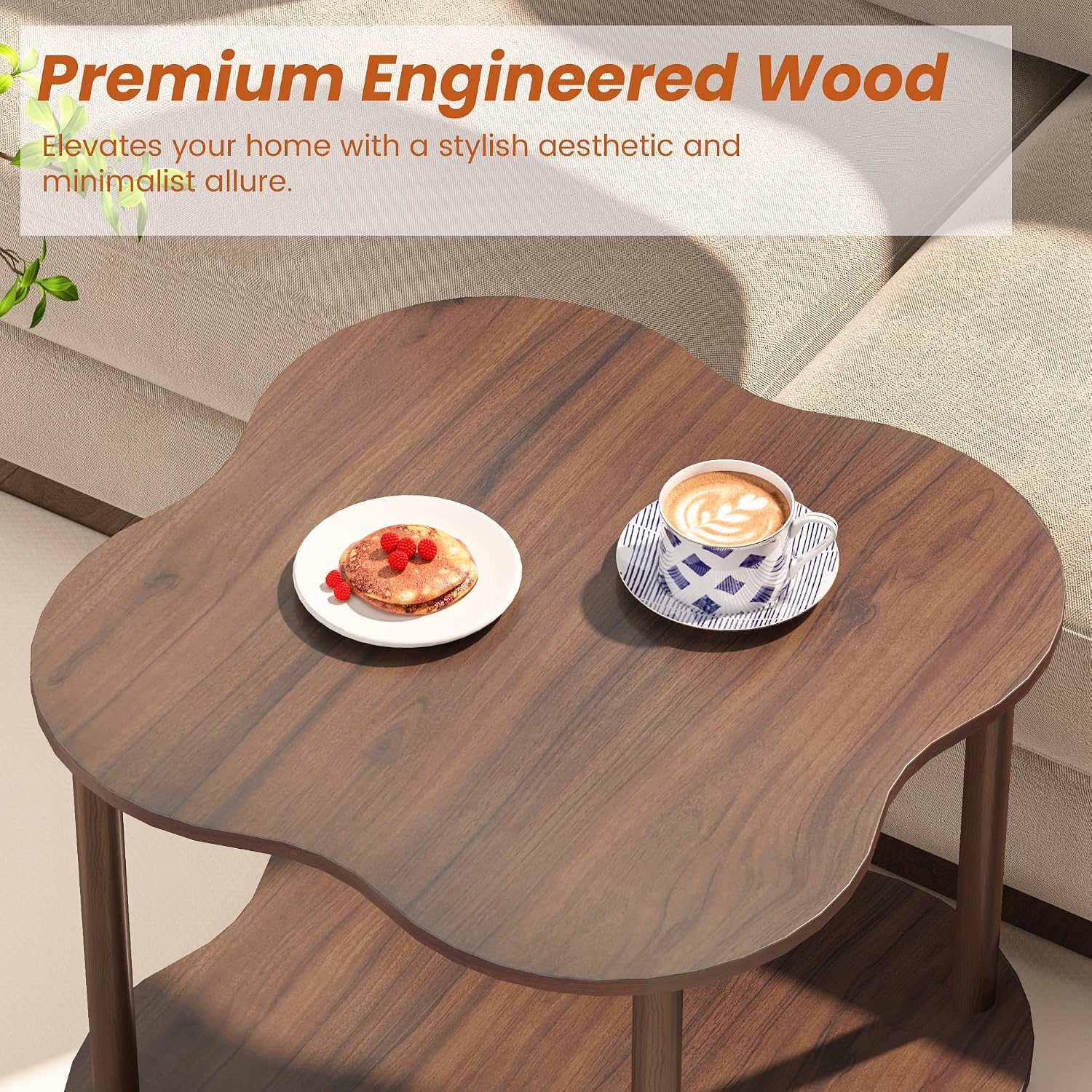 Flower Shape End Table - 2-Tier Walnut Wood Color Coffee Tables, Modern Wooden Sofa Side Table Open Storage, Easy Assembly Tea Table for Living Room Home Cafe, 23.6’’W x23.6’’Dx20.9’’H