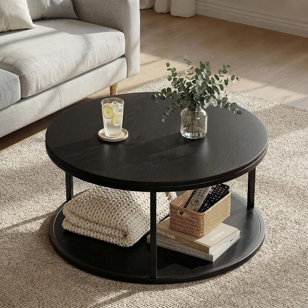 YESHOMY 36" Modern Round Coffee Table for Living Room, 2-Tier Wood Design with Storage Shelf, Sturdy Metal Frame, Stylish Small Space Furniture, Black Metal