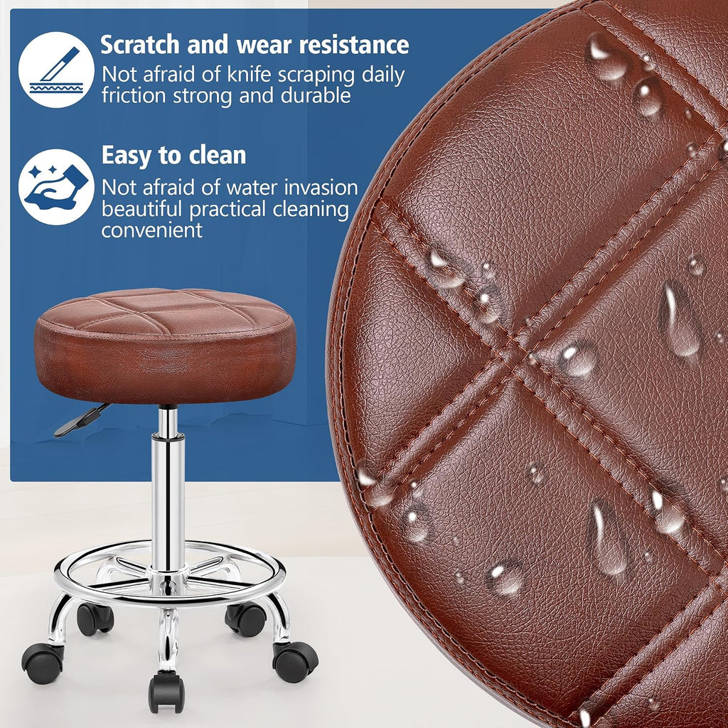 Brick Attic PU Leather Rolling Stool with Wheels, Adjustable Swivel Stool with Footrest, 360° Rolling Stool for Tattoo, Salon, Massage, Medical, Office, Home Kitchen, Vintage Rust