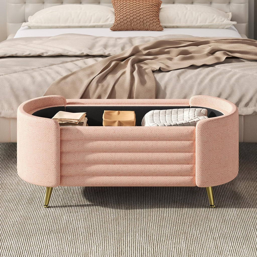 Modern Oval Chenille Storage Ottoman Bench, Green Upholstered Cushioned Storage Bench with Sturdy Metal Legs, Large Hidden Internal Storage, Multi-Functional End of Bed Shoe Bench