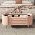 Modern Oval Chenille Storage Ottoman Bench, Green Upholstered Cushioned Storage Bench with Sturdy Metal Legs, Large Hidden Internal Storage, Multi-Functional End of Bed Shoe Bench