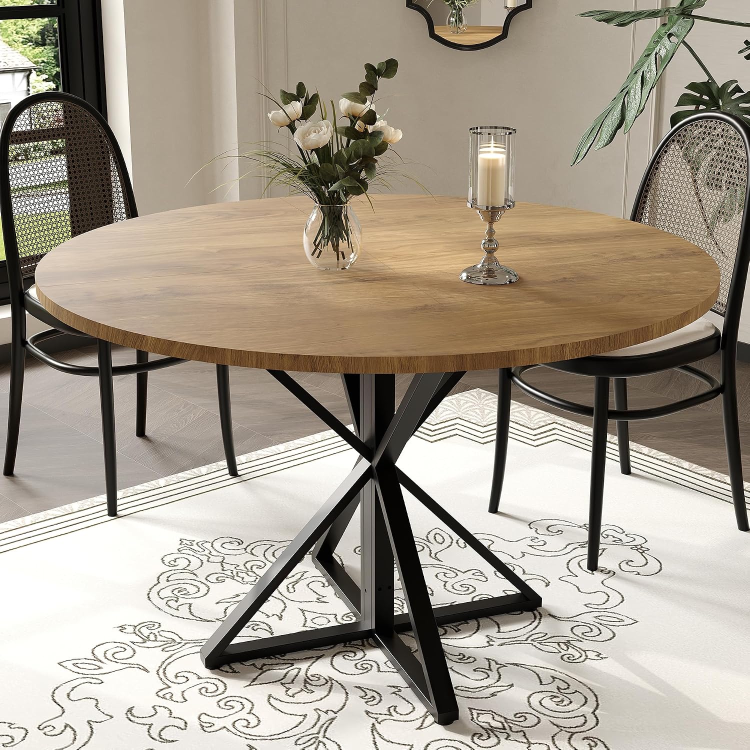 GarveeHome 47 Inch Round Dining Table for 4, Circle Kitchen Table with Pedestal Base, Farmhouse Wooden Dining Table for Small Spaces, Kitchen & Dining Room, Living Room（Brown/Only Table）