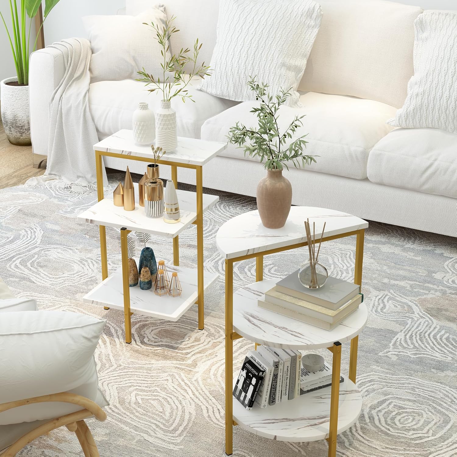 Lamerge Coffee Table Set of 3,Rectangle Coffee Table&2 Accent Table,Faux Marble Tabletop,3 Piece Living Room Table Sets with Multi Tier Storage, for Small Space, Apartment,White & Gold (LCTS-wg)