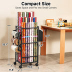 Aquzee Wrapping Paper Storage, Rolling Gift Wrap Storage Stand, Vertical Wrapping Paper Organizer Storage Cart, Ribbon Organizers, 12 PCS Slap Bands, 9 Adjustable Rod Design, Black