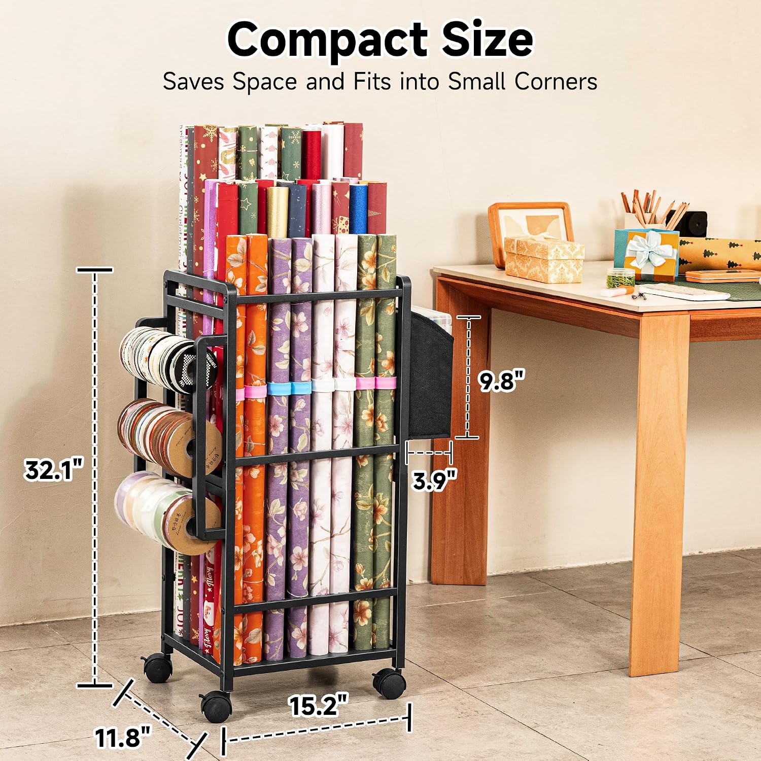 Aquzee Wrapping Paper Storage, Rolling Gift Wrap Storage Stand, Vertical Wrapping Paper Organizer Storage Cart, Ribbon Organizers, 12 PCS Slap Bands, 9 Adjustable Rod Design, Black