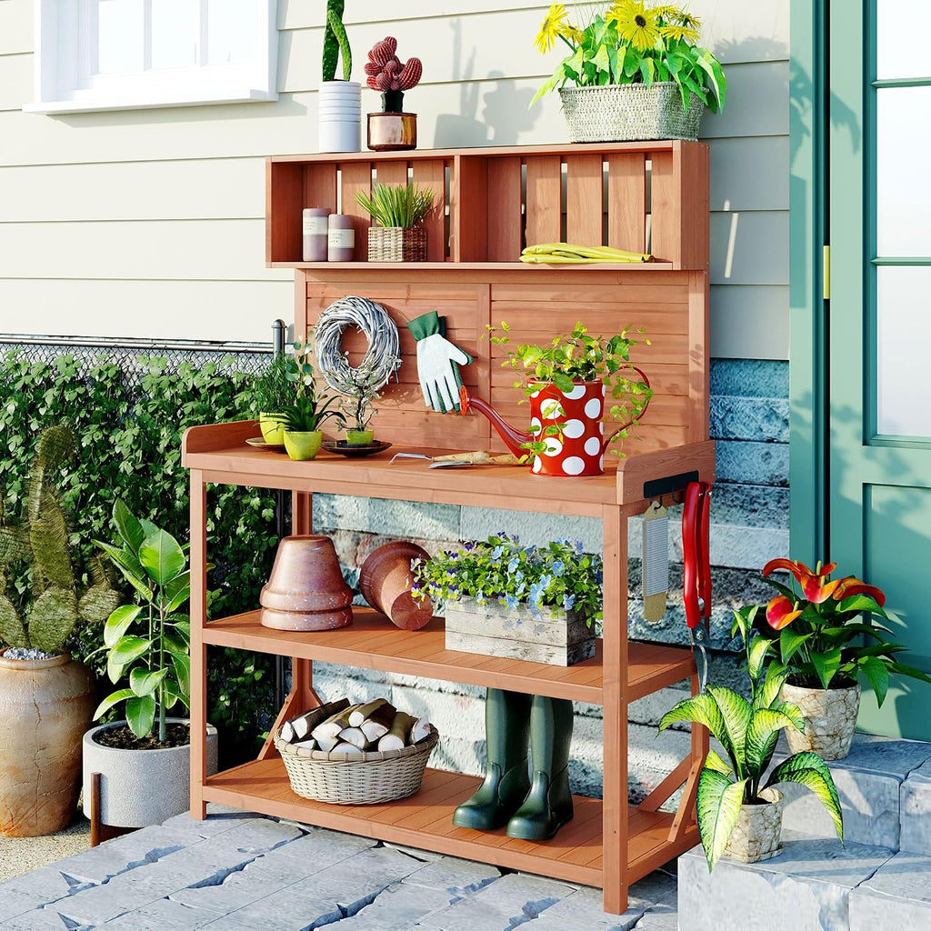 Large Wooden Farmhouse Rustic Outdoor Patio Workstation Potting Bench Table with 4 Storage Shelves and Side Hook -Natural, Natrual