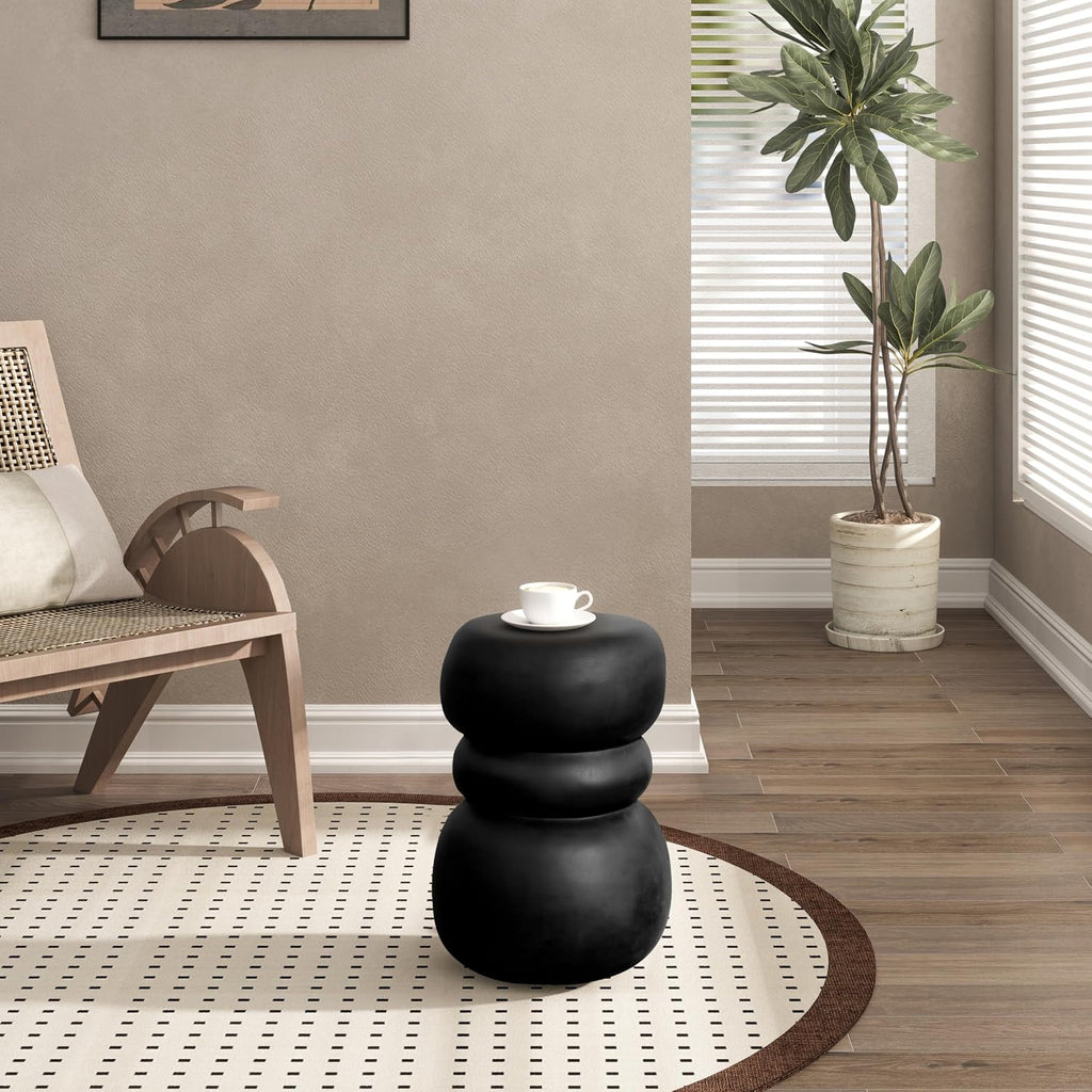 Black Concrete Side Table Unique Sculptural End Table, 19” Tall Handmade Cement Accent Table, Curved Drum Pedestal End Table for Living Room, Bedroom, or Covered Patio