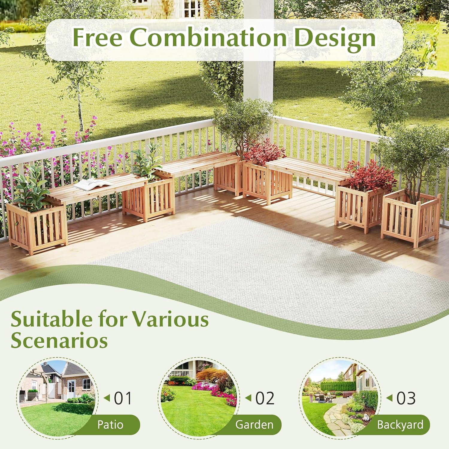 HAPPYGRILL Patio Wooden Bench with Planter, 2 Person Patio Bench with/ 2 Side Flower Box, Slot Design for Easy Assembly, Natural Fir Wood Frame, Outdoor Garden Bench Seat for Patio, Garden, Backyard
