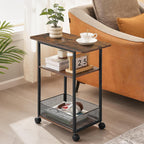 DALEMHOME Side Table with Wheels, Narrow Side Table with 3-Layer Storage Shelves, Slim Nightstand, Metal Frame, for Small Spaces, Living Room, Bedroom, 23.6" D x 11.8" W x 25.2" H, Rustic Brown