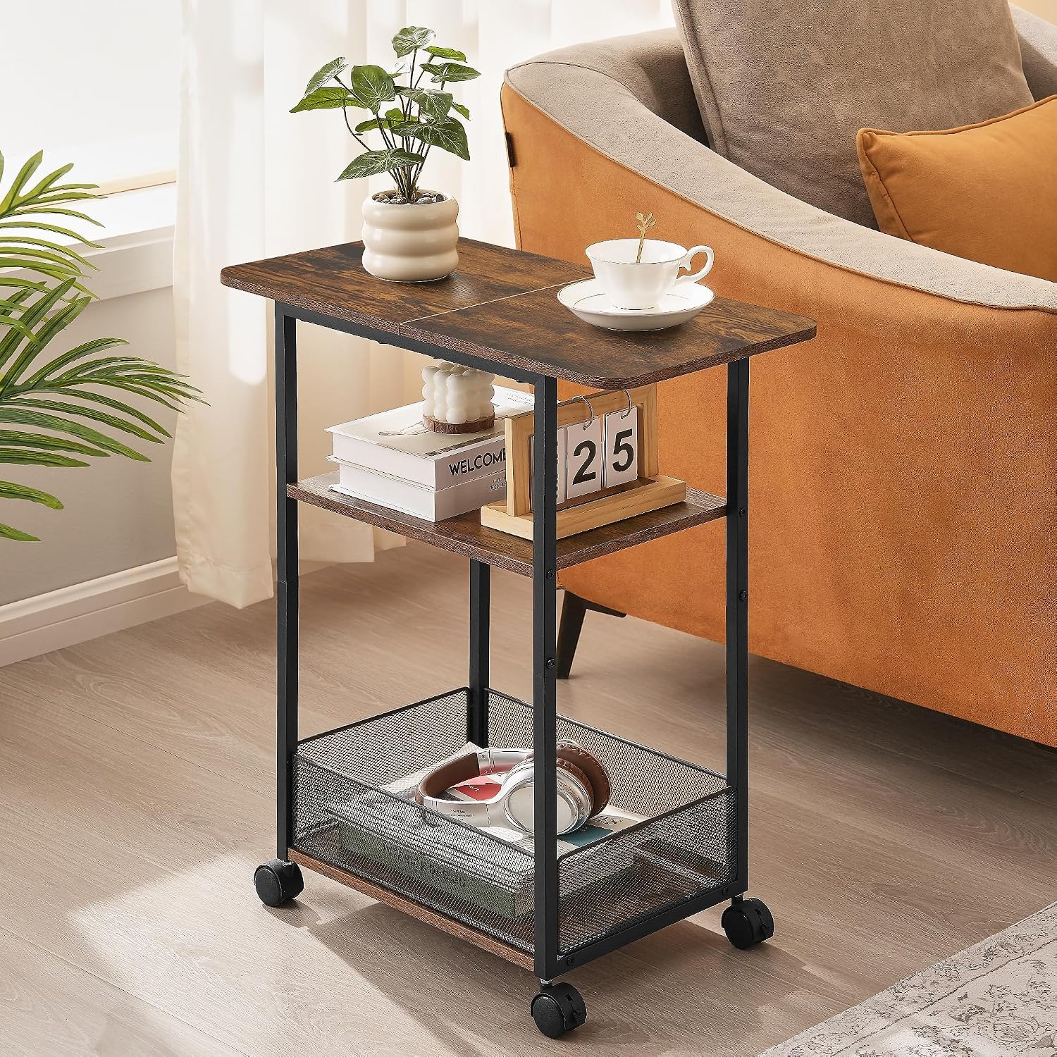 DALEMHOME Side Table with Wheels, Narrow Side Table with 3-Layer Storage Shelves, Slim Nightstand, Metal Frame, for Small Spaces, Living Room, Bedroom, 23.6" D x 11.8" W x 25.2" H, Rustic Brown