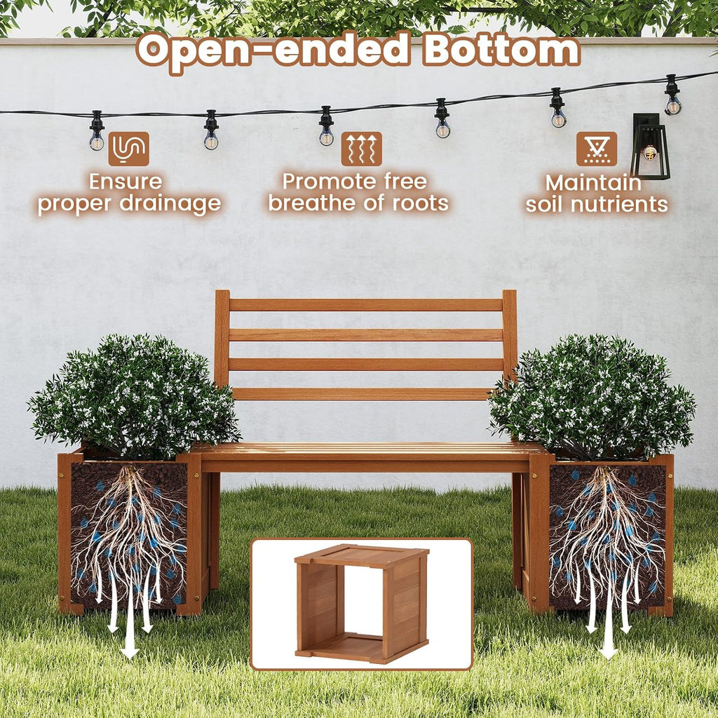 Outdoor Planter Box with Bench, Teak Oil Finish Wood Seat with 2 Open-Ended Base Garden Beds & Backrest, Decorative Plant Container for Yard, Balcony & Porch