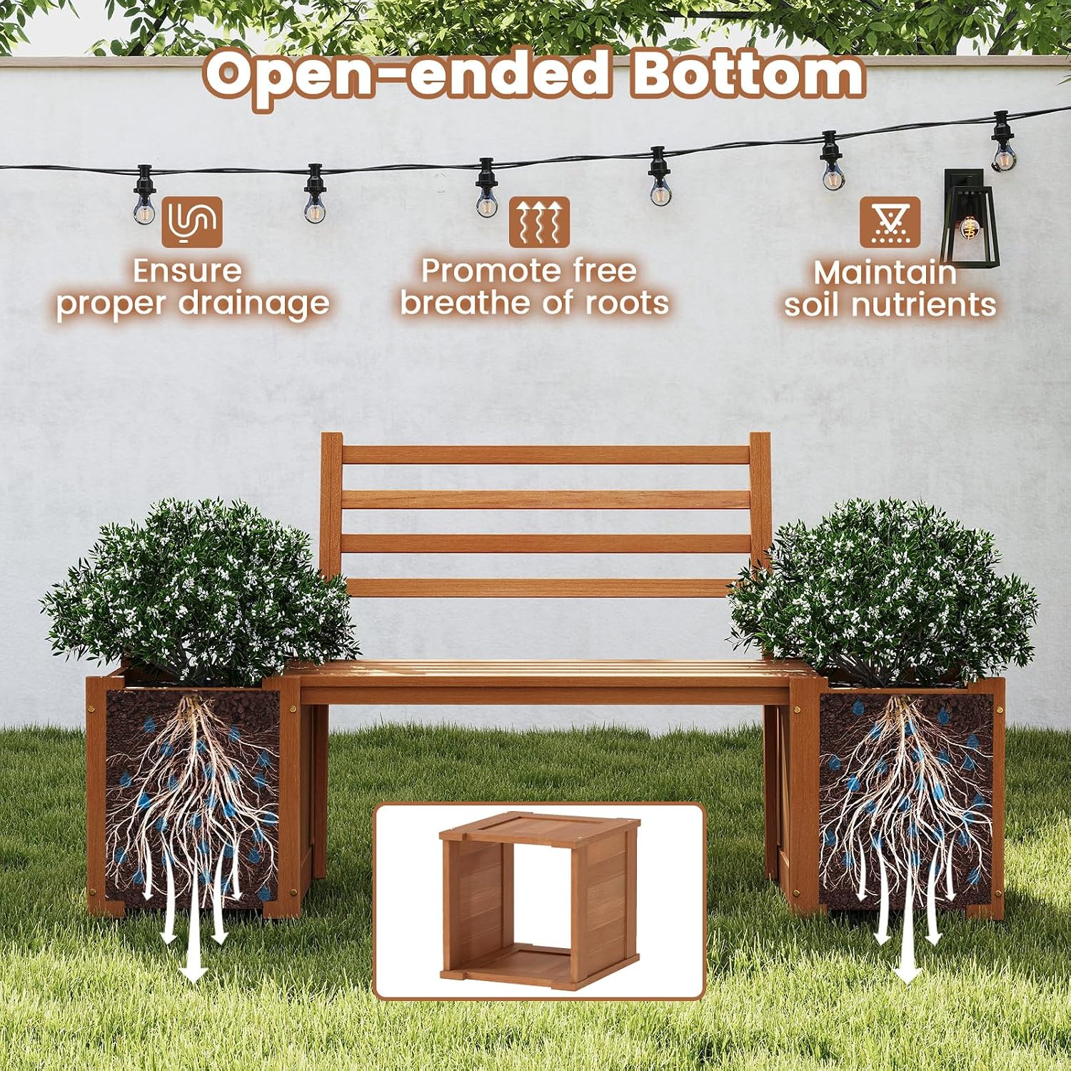Outdoor Planter Box with Bench, Teak Oil Finish Wood Seat with 2 Open-Ended Base Garden Beds & Backrest, Decorative Plant Container for Yard, Balcony & Porch