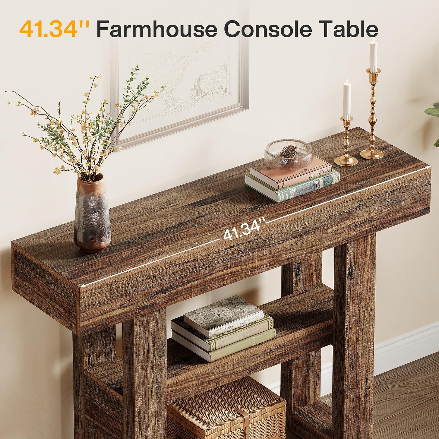 Tribesigns 41.34-Inch Farmhouse Console Table, 2-Tier Narrow Sofa Table Behind The Couch, Entryway Furniture with Storage Shelves for Hallway Foyer Living Room, Rustic Brown