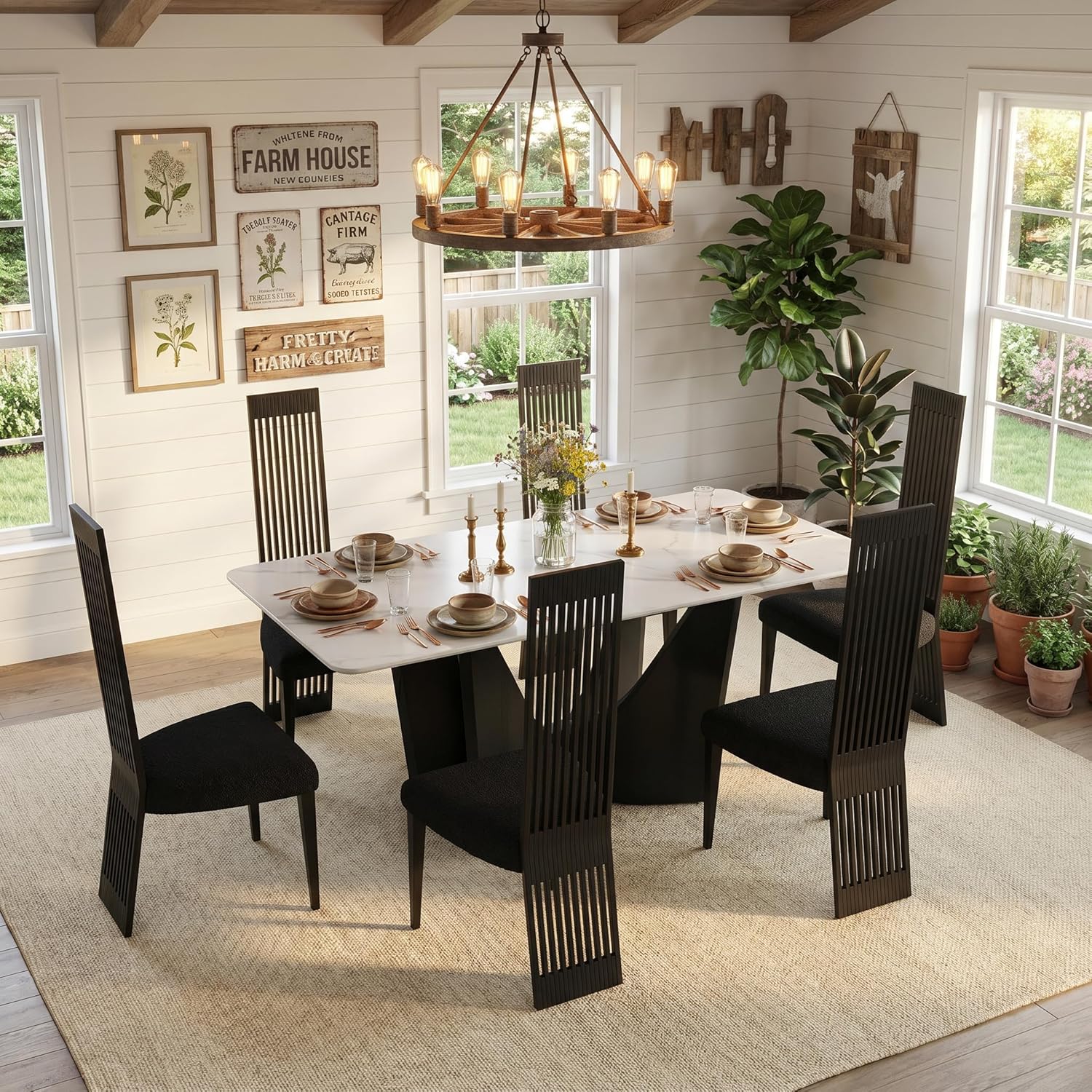 Black Dining Chair Set of 2, Modern Boucle High Back Upholstered Kitchen Chairs with Black Metal Legs for Dining Room Kitchen Living Room
