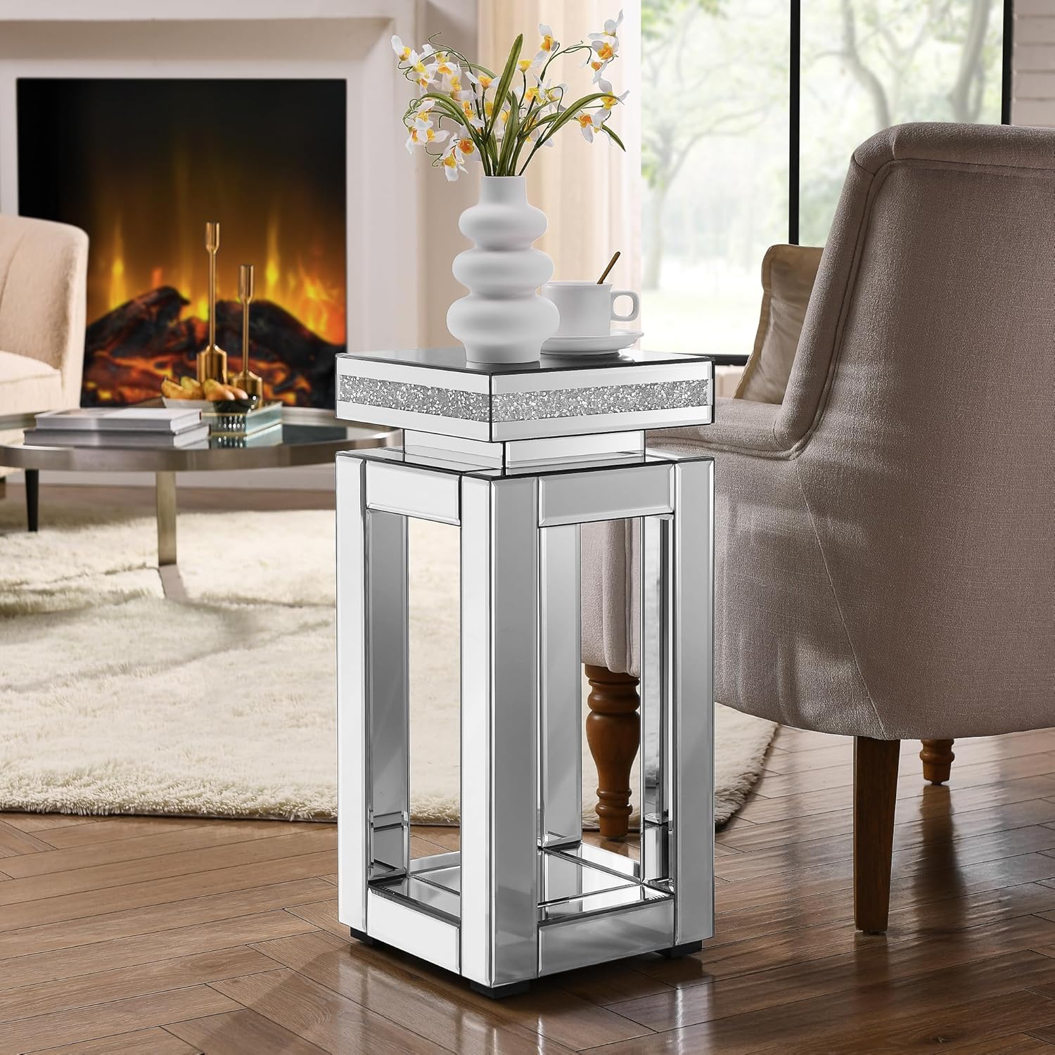 Modern Square Mirrored End Table, Easy Assembly Bedside Table with Crystal Inlay, Silver Square Sofa Side Table for Living Room, Elegant Mirror Finish 2-Tiers End Side Table,11.8" D x 11.8" W x 26" H