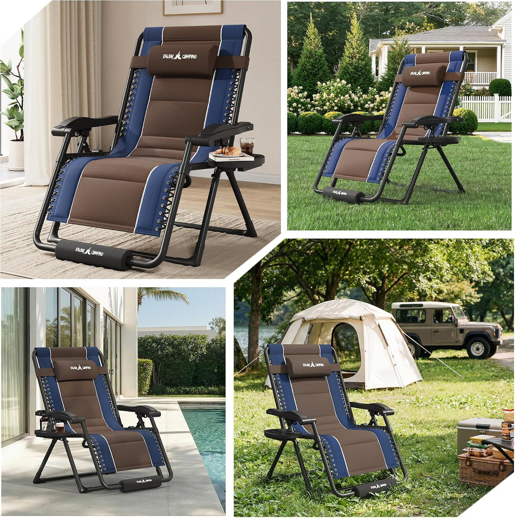 Amopatio XXL Padded Zero Gravity Chairs Set of 2 Foldable Zero Gravity Lounge Chair Outdoor Portable Reclining Chair with Removable Cup Holder/Headrest/Footrest