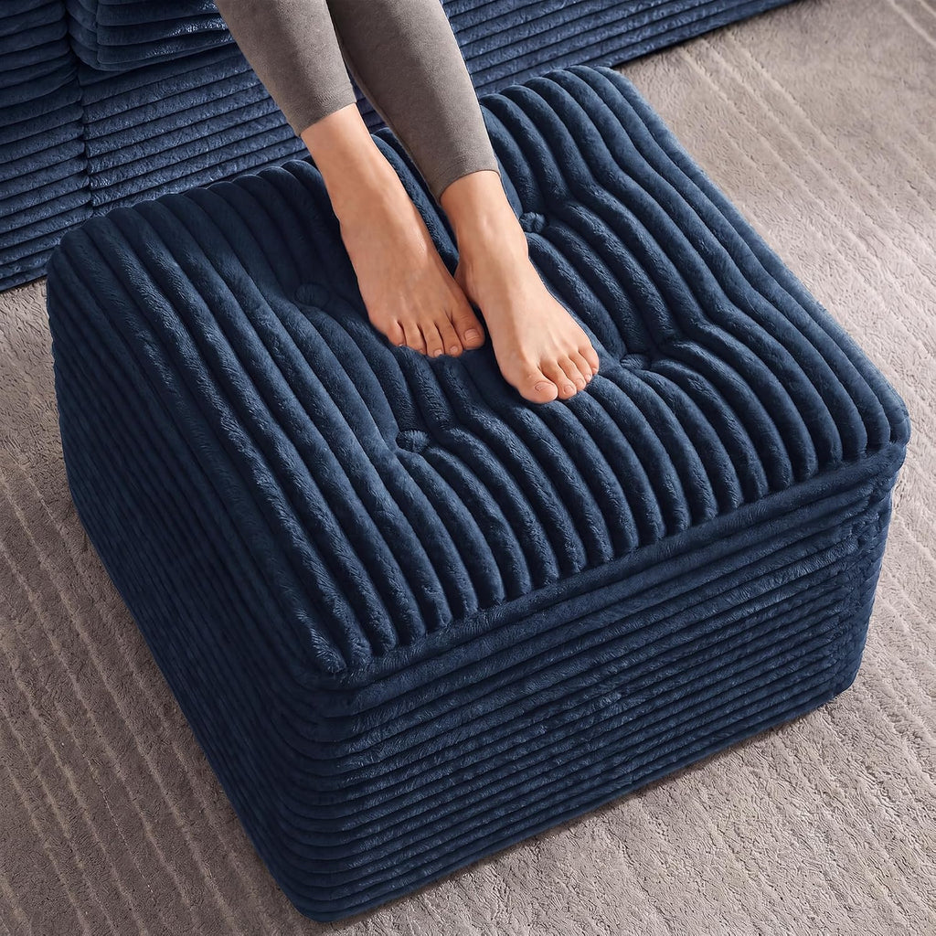 23.6in Pouf Ottoman, Corduroy Ottoman Foot Rest with Dual‑Layer Support, Large Poofy Pouf with Soft Chunk‑Foam Top & Firm Foam Base, Floor Foot Stool for Living Room, Blue