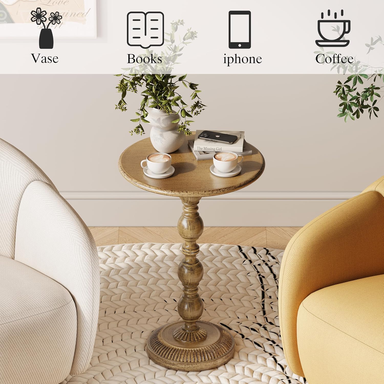 Small Round Metal Side Table, Lightweight Antique Accent Table,Retro Round Drink Table,Small Pedestal Table for Living Room, Bedroom, Corners (1, Antique Gold)