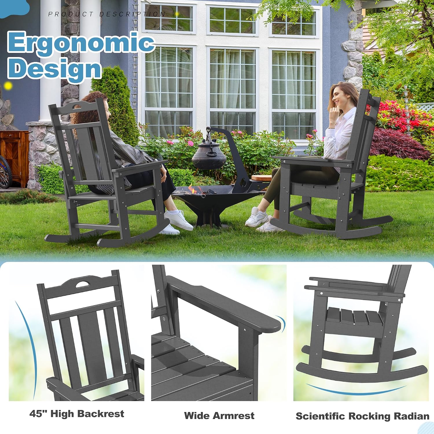 nalone Outdoor Rocking Chairs Set of 2, Oversized Porch Rocker Chair for Adult, All-Weather Resistant Patio Rocking Chair for Garden Lawn(Grey)