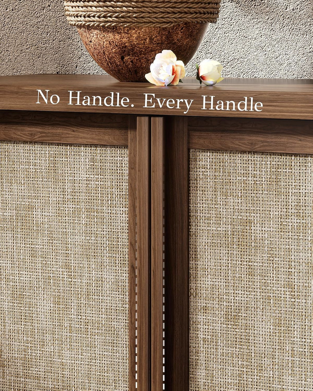 Yechen Buffet Cabinet with Storage, 63" Wide Sideboard with Solid Wood Handles and Rattan Look Accent Doors, Flexible Shelves, for Living Room, Kitchen, Dark Walnut