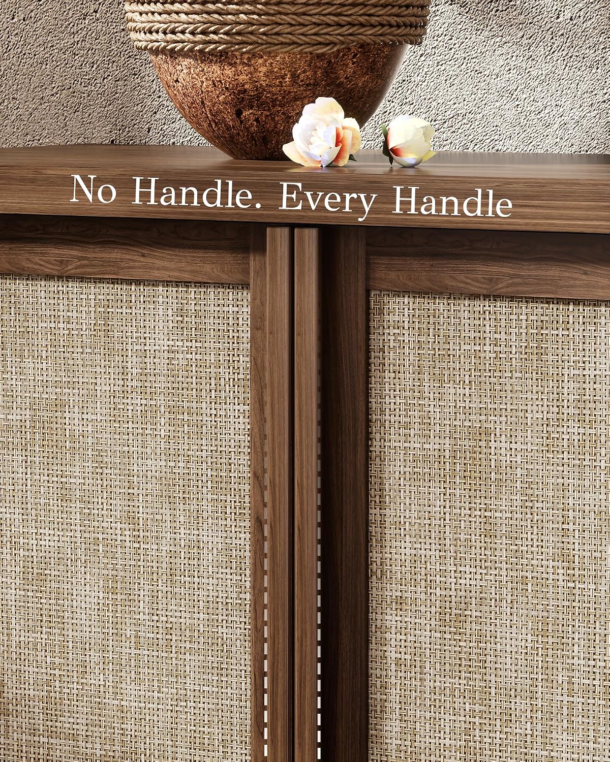 Yechen Buffet Cabinet with Storage, 63" Wide Sideboard with Solid Wood Handles and Rattan Look Accent Doors, Flexible Shelves, for Living Room, Kitchen, Dark Walnut