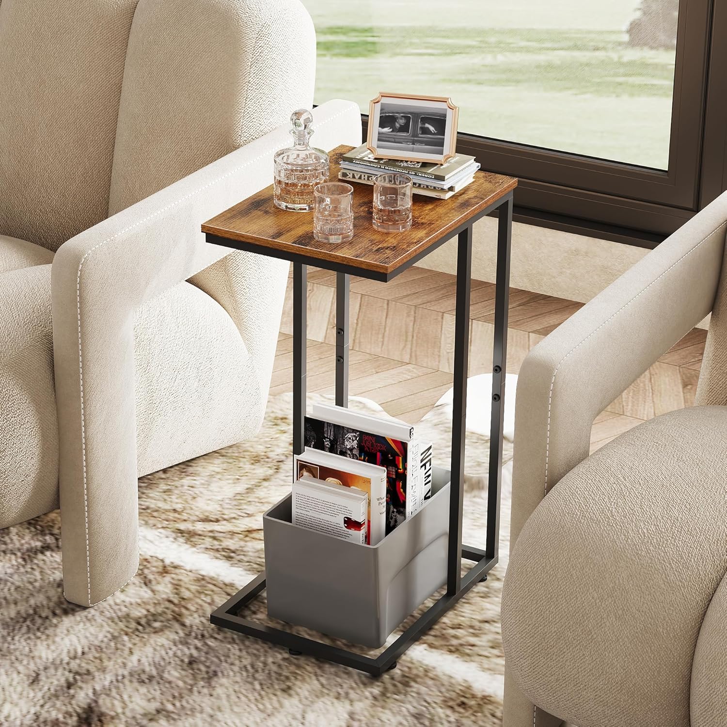 WLIVE C Shaped End Table, Small Side Table for Couch, Sofa, TV Tray C Table for Living Room, Bedroom, Home Office, Small Spaces, Rustic Brown