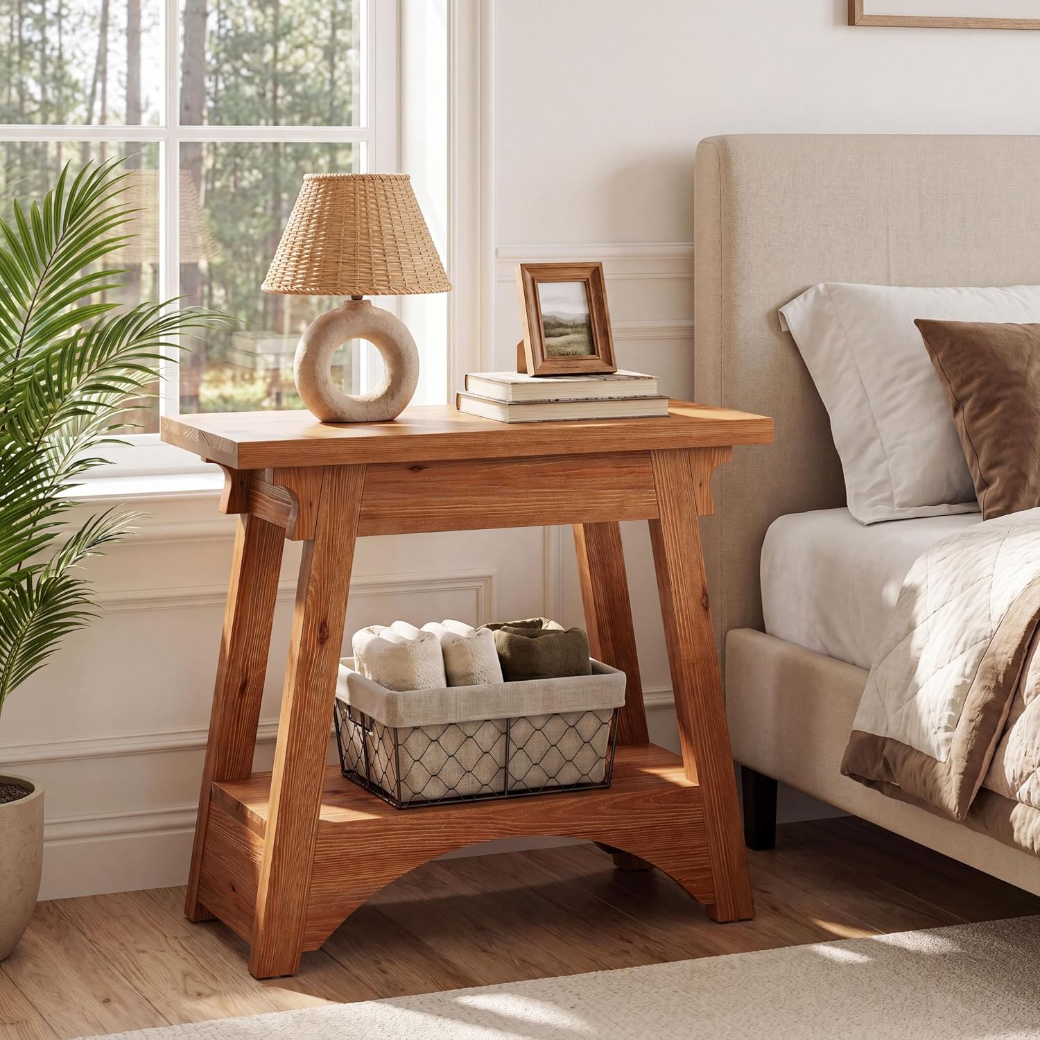 End Table for Living Room, Solid Wood Side Table with Storage, Farmhouse Narrow Nightstand for Bedroom, Small Spaces, Rustic Brown