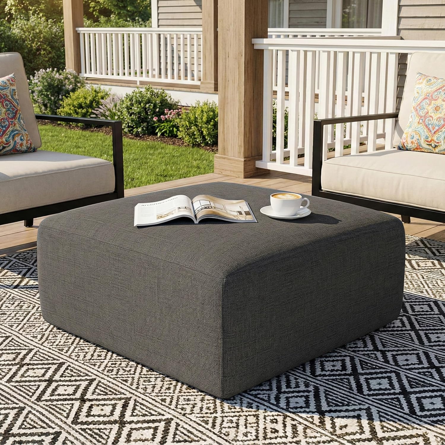 Living&Giving Square Outdoor Ottoman Pouf, 24 Inch Waterproof Patio Ottoman Foot Rest with Solid High-Density Foam, Comfy Boneless Footstool for Outside Couch & Seating, Dark Gray