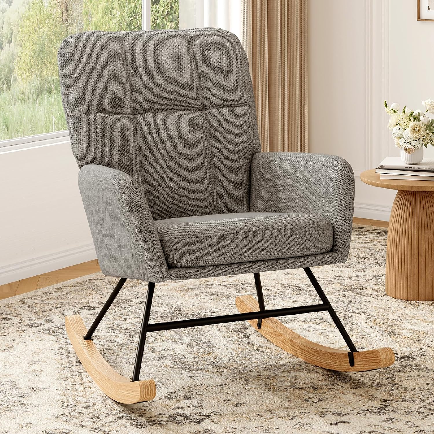 Rocking Chair Nursery High Back Glider Rocker Chair Indoor for Adult | 20" Wide Seat Fleece Upholstered Solid Wood Legs Comfy Gentle Rock for Living Room Bedroom Nursing Room Reading Nook