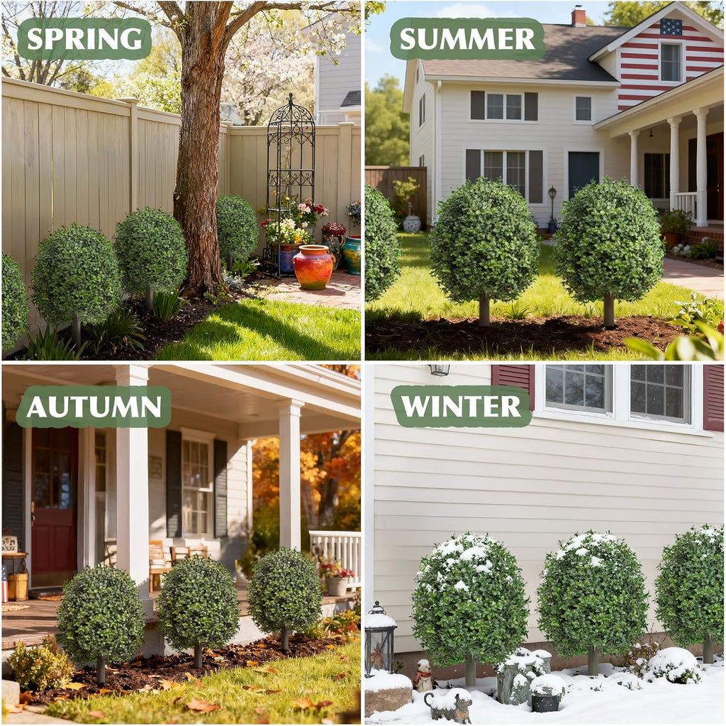 Artificial Boxwood Topiary Trees Outdoor Set of 2, UV Resistant Faux Outdoor Plants with Metal Ground Stakes, Evergreen Boxwood Ball Bushes for Front Porch Patio Garden Entryway Decor
